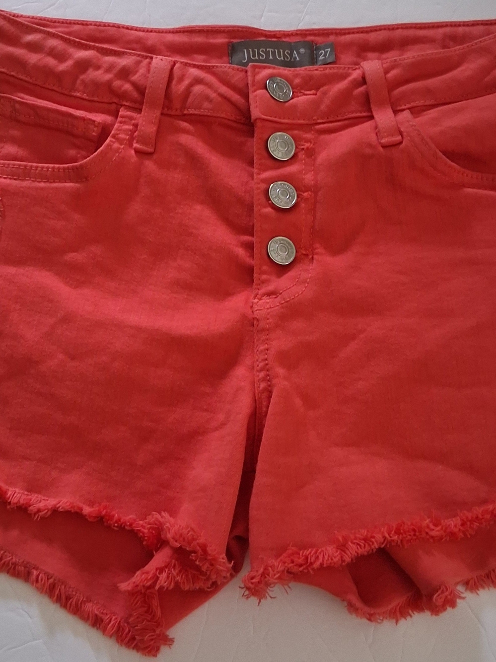 Just USA Coral Frayed High-Rise Button-Fly Jean Shorts